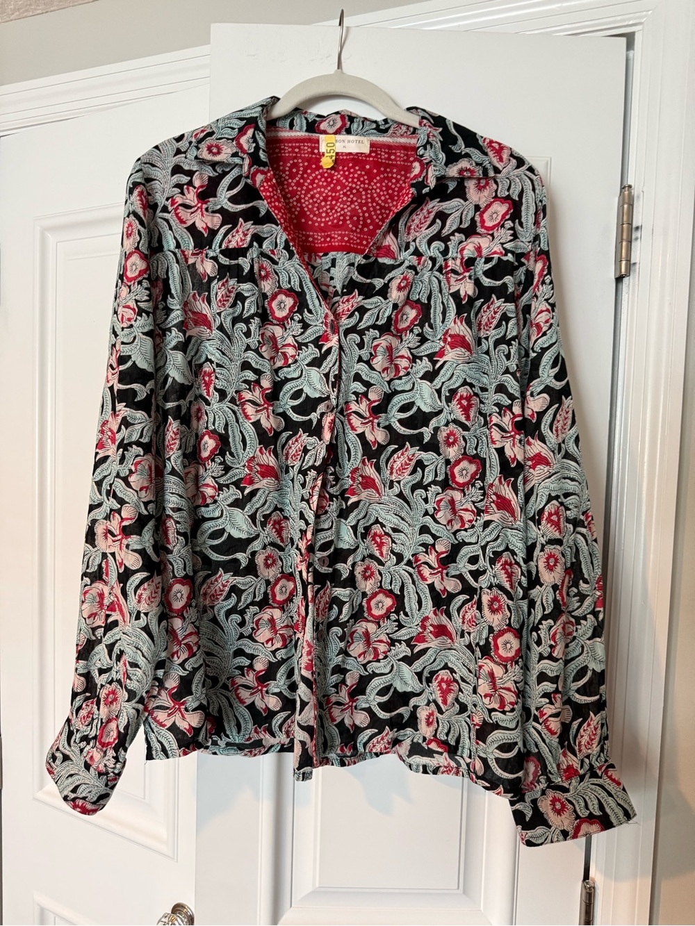 Maison Hotel Floral Button-Front Blouse in Black, Blue and Pink